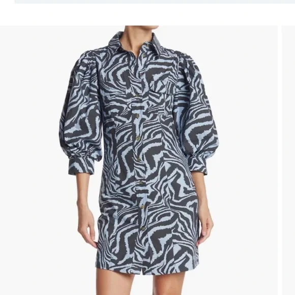 Ganni Blue Black Zebra Animal Print Puff Sleeve Mini Dress Size Small - Picture 4 of 11